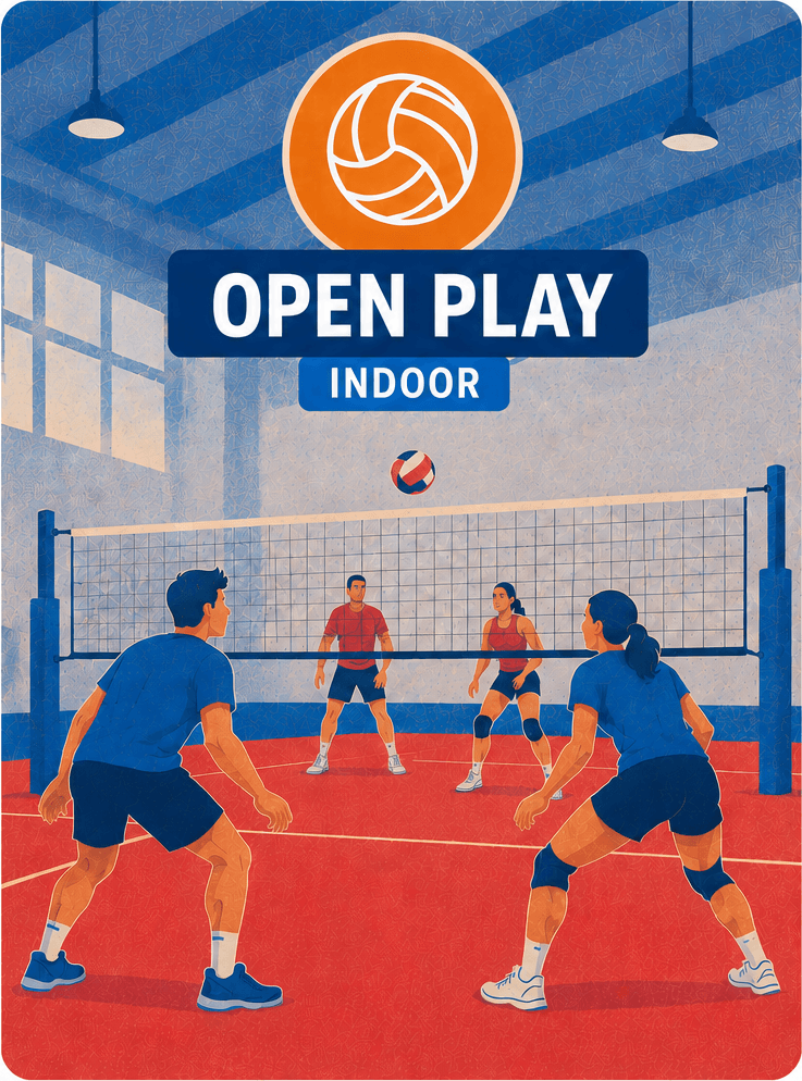 Players in an indoor open-play volleyball game