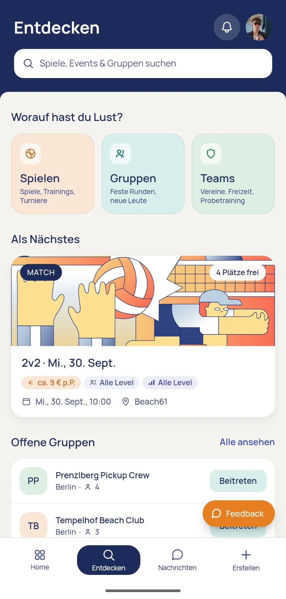 Screenshot of the playvolley app
